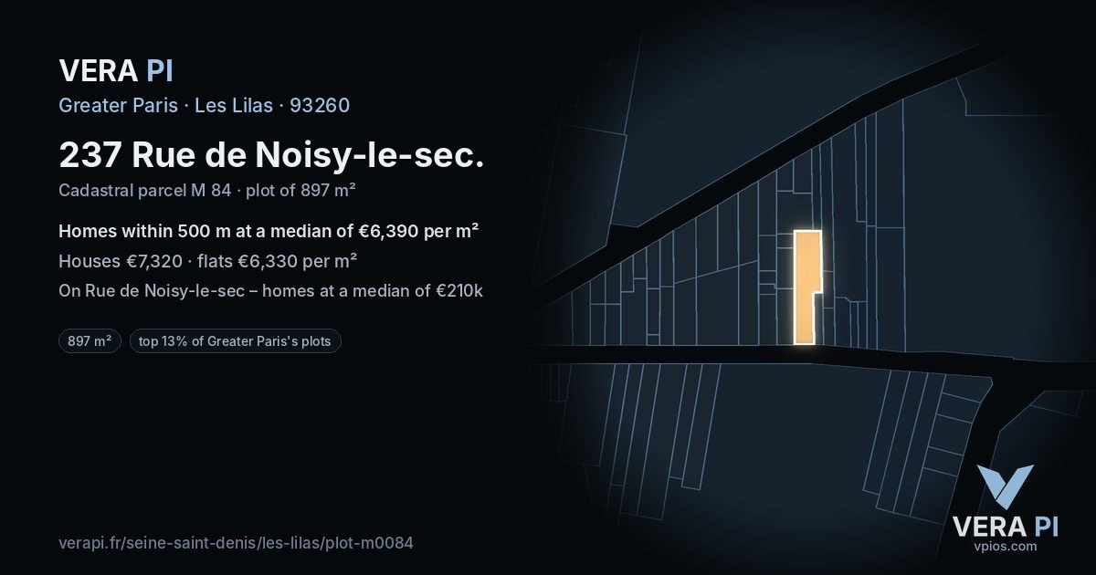 237 Rue de Noisy-le-sec, Les Lilas at night – the plot lit, the parcels around coloured by the prices near them