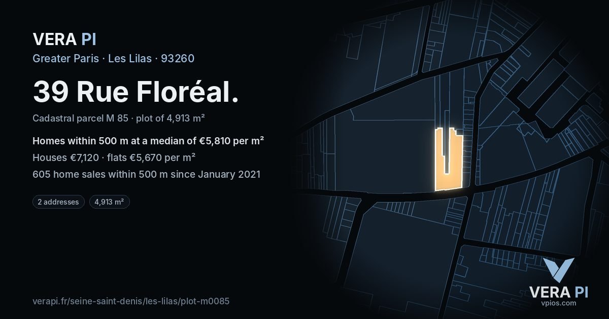 39 Rue Floréal, Les Lilas at night – the plot lit, the parcels around coloured by the prices near them