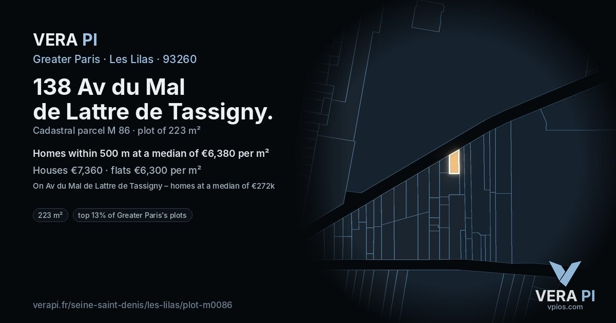 138 Av du Mal de Lattre de Tassigny, Les Lilas at night – the plot lit, the parcels around coloured by the prices near them