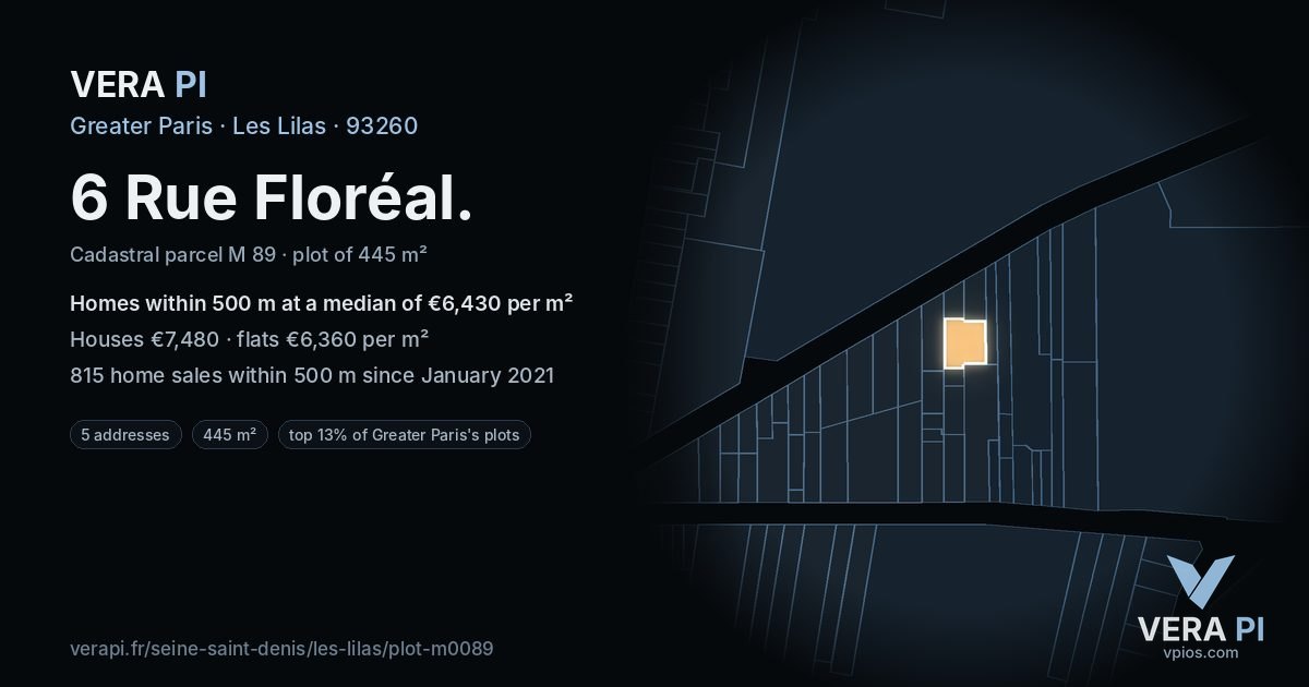 6 Rue Floréal, Les Lilas at night – the plot lit, the parcels around coloured by the prices near them