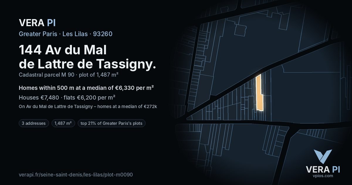144 Av du Mal de Lattre de Tassigny, Les Lilas at night – the plot lit, the parcels around coloured by the prices near them