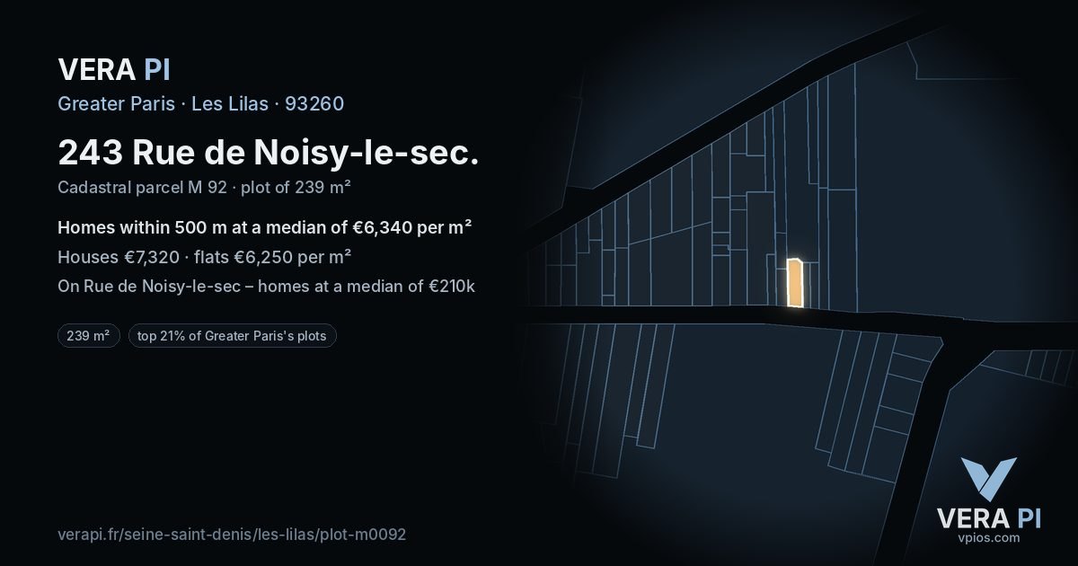 243 Rue de Noisy-le-sec, Les Lilas at night – the plot lit, the parcels around coloured by the prices near them