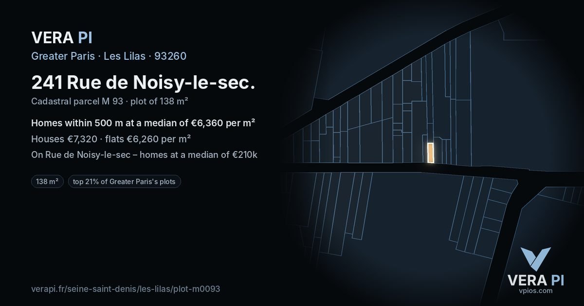 241 Rue de Noisy-le-sec, Les Lilas at night – the plot lit, the parcels around coloured by the prices near them
