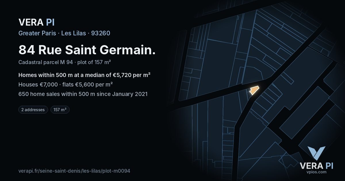 84 Rue Saint Germain, Les Lilas at night – the plot lit, the parcels around coloured by the prices near them