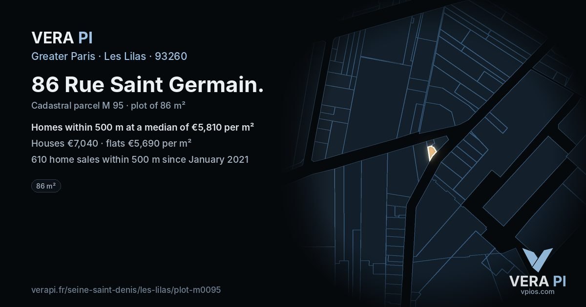 86 Rue Saint Germain, Les Lilas at night – the plot lit, the parcels around coloured by the prices near them