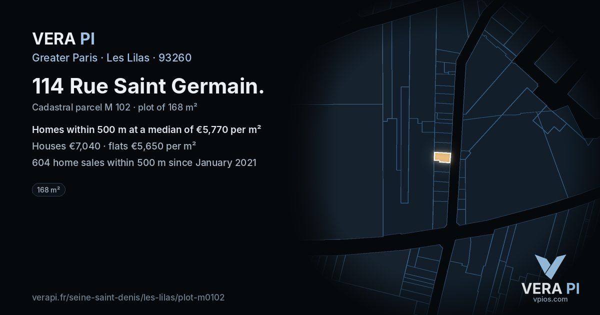 114 Rue Saint Germain, Les Lilas at night – the plot lit, the parcels around coloured by the prices near them