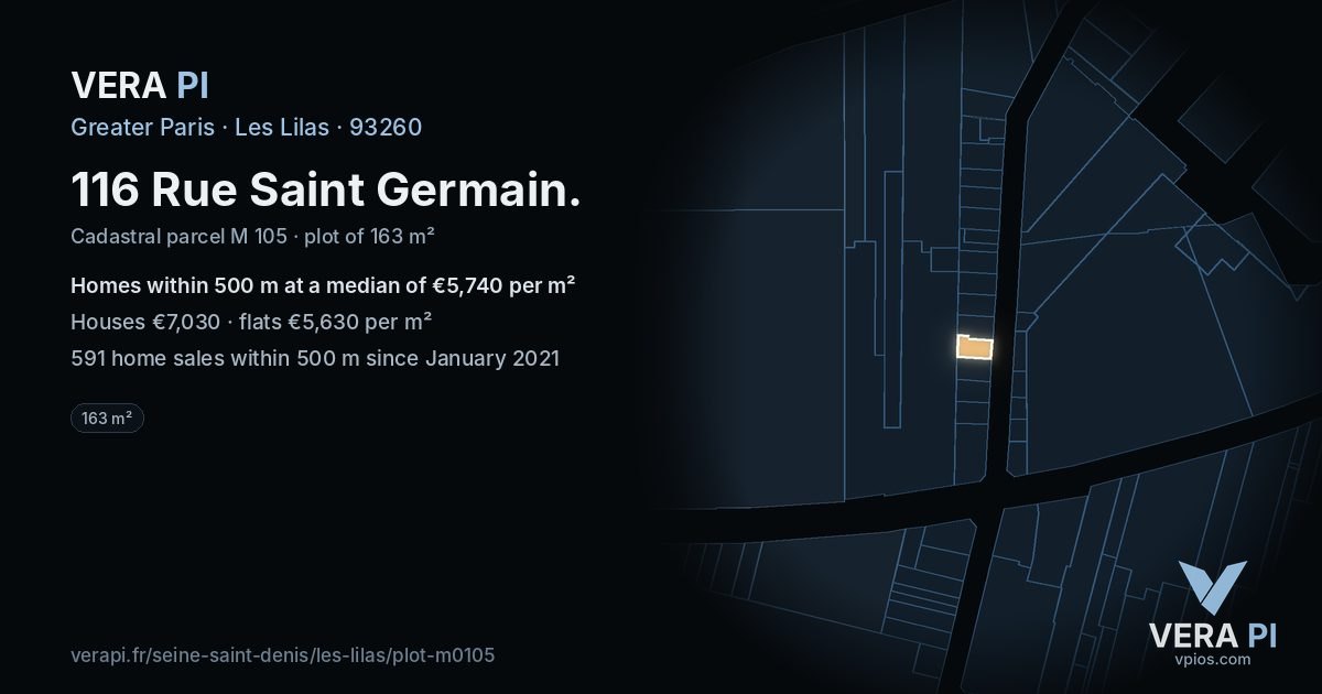 116 Rue Saint Germain, Les Lilas at night – the plot lit, the parcels around coloured by the prices near them