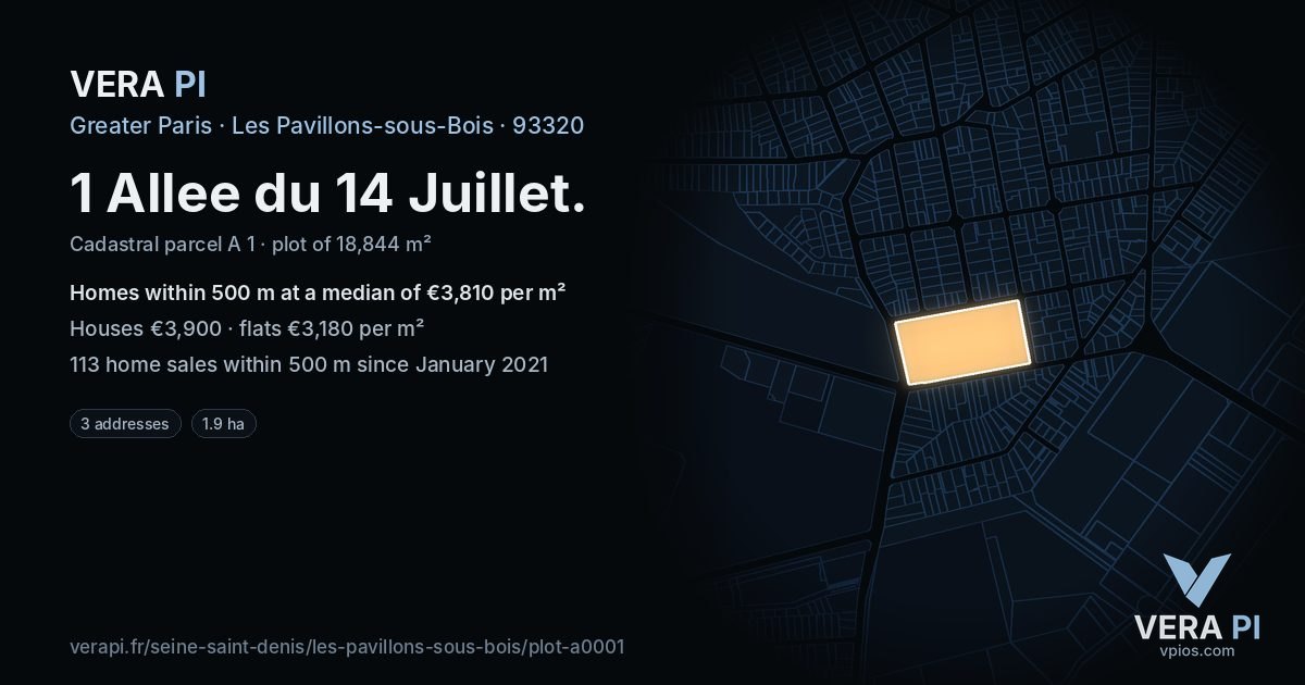 1 Allee du 14 Juillet, Les Pavillons-sous-Bois at night – the plot lit, the parcels around coloured by the prices near them