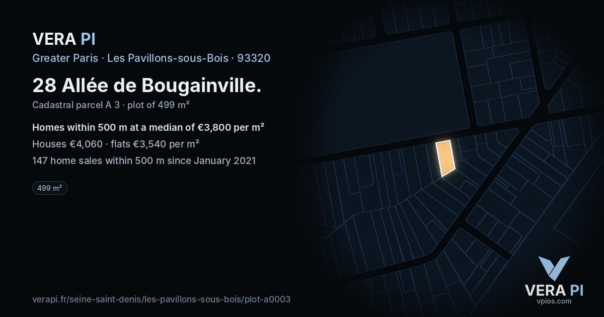 28 Allée de Bougainville, Les Pavillons-sous-Bois at night – the plot lit, the parcels around coloured by the prices near them