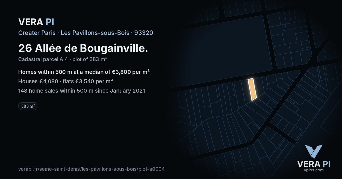 26 Allée de Bougainville, Les Pavillons-sous-Bois at night – the plot lit, the parcels around coloured by the prices near them