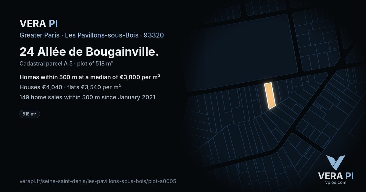 24 Allée de Bougainville, Les Pavillons-sous-Bois at night – the plot lit, the parcels around coloured by the prices near them