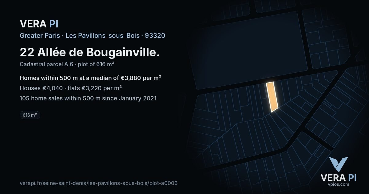 22 Allée de Bougainville, Les Pavillons-sous-Bois at night – the plot lit, the parcels around coloured by the prices near them