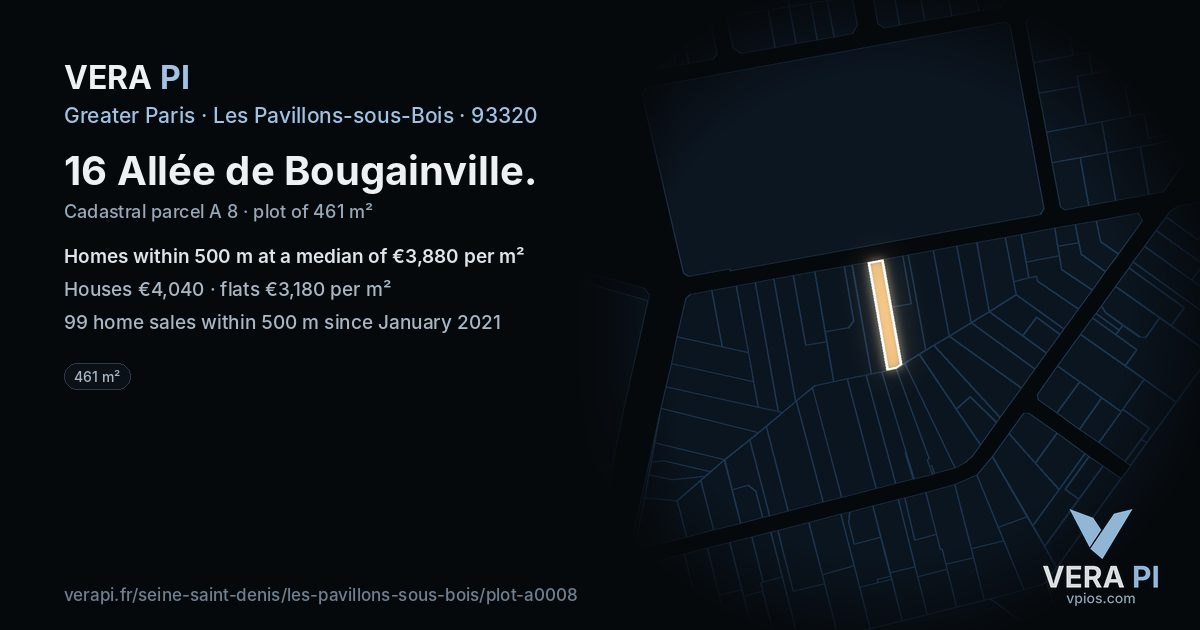 16 Allée de Bougainville, Les Pavillons-sous-Bois at night – the plot lit, the parcels around coloured by the prices near them