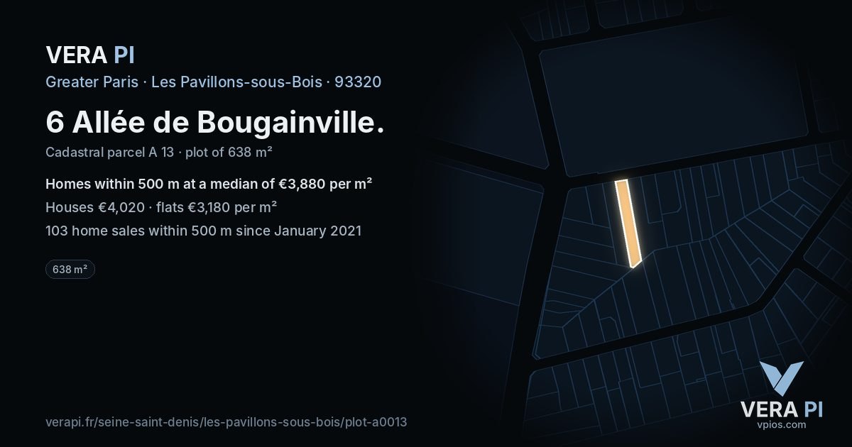 6 Allée de Bougainville, Les Pavillons-sous-Bois at night – the plot lit, the parcels around coloured by the prices near them