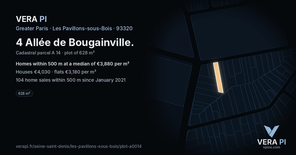 4 Allée de Bougainville, Les Pavillons-sous-Bois at night – the plot lit, the parcels around coloured by the prices near them