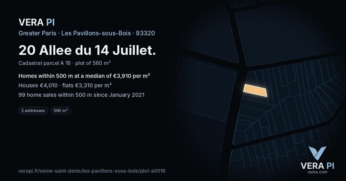 20 Allee du 14 Juillet, Les Pavillons-sous-Bois at night – the plot lit, the parcels around coloured by the prices near them