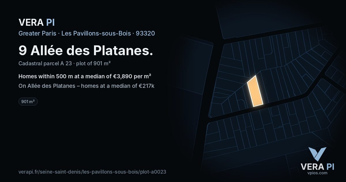 9 Allée des Platanes, Les Pavillons-sous-Bois at night – the plot lit, the parcels around coloured by the prices near them