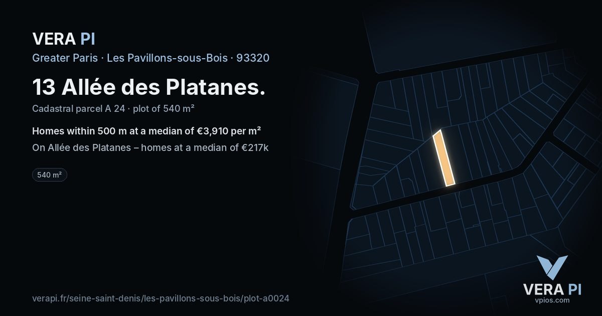 13 Allée des Platanes, Les Pavillons-sous-Bois at night – the plot lit, the parcels around coloured by the prices near them