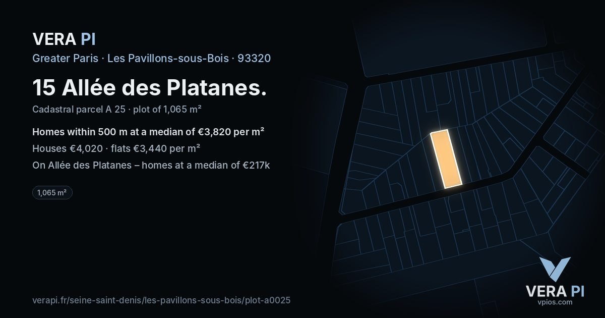 15 Allée des Platanes, Les Pavillons-sous-Bois at night – the plot lit, the parcels around coloured by the prices near them