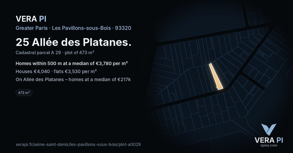 25 Allée des Platanes, Les Pavillons-sous-Bois at night – the plot lit, the parcels around coloured by the prices near them