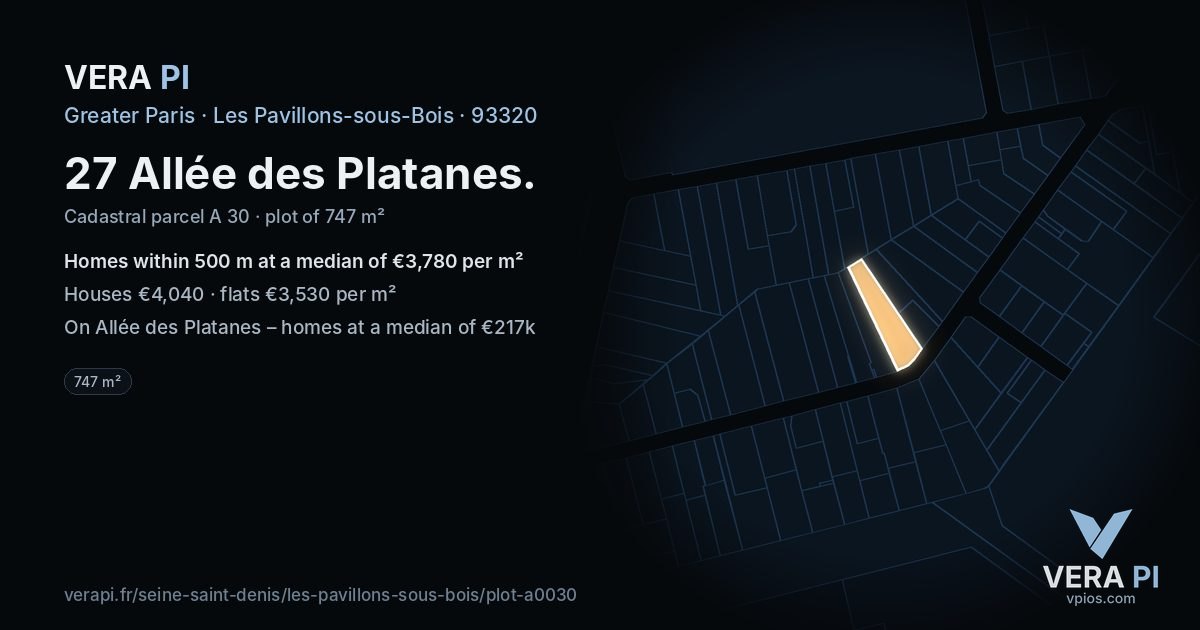 27 Allée des Platanes, Les Pavillons-sous-Bois at night – the plot lit, the parcels around coloured by the prices near them