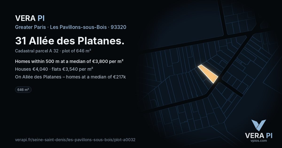 31 Allée des Platanes, Les Pavillons-sous-Bois at night – the plot lit, the parcels around coloured by the prices near them