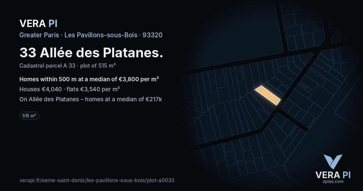 33 Allée des Platanes, Les Pavillons-sous-Bois at night – the plot lit, the parcels around coloured by the prices near them