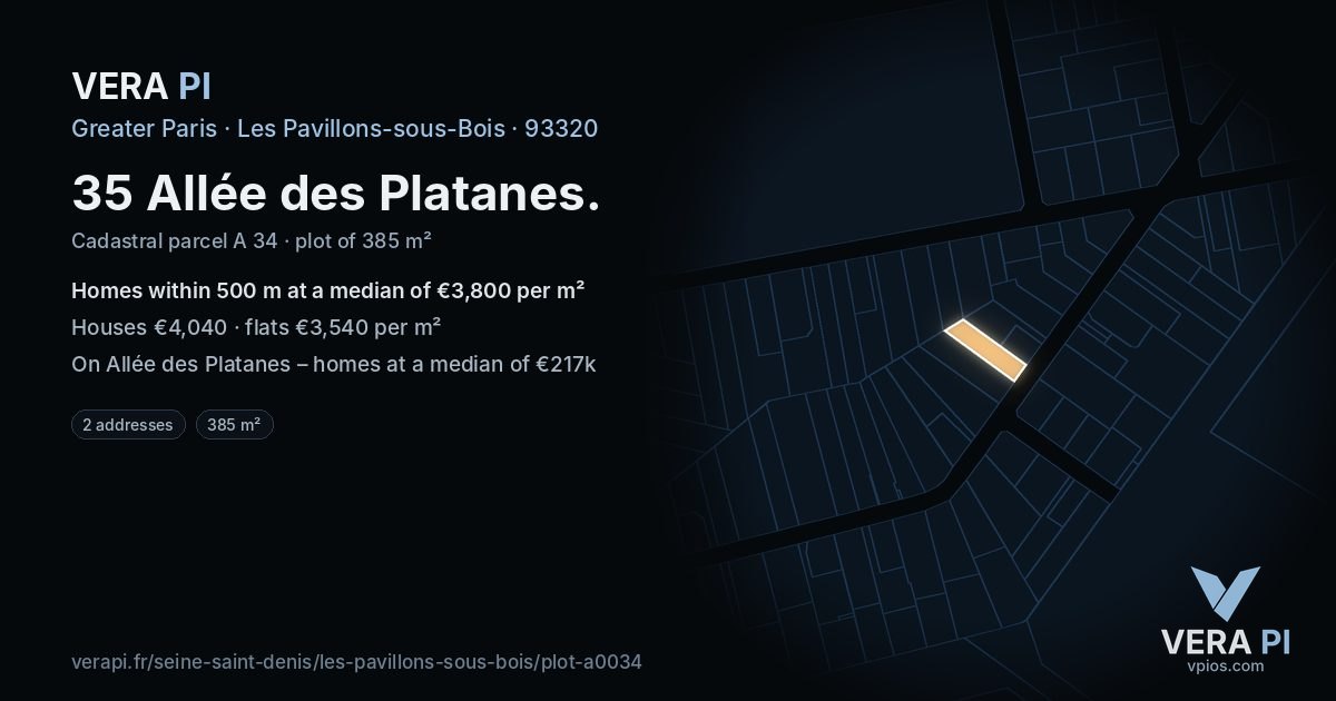 35 Allée des Platanes, Les Pavillons-sous-Bois at night – the plot lit, the parcels around coloured by the prices near them
