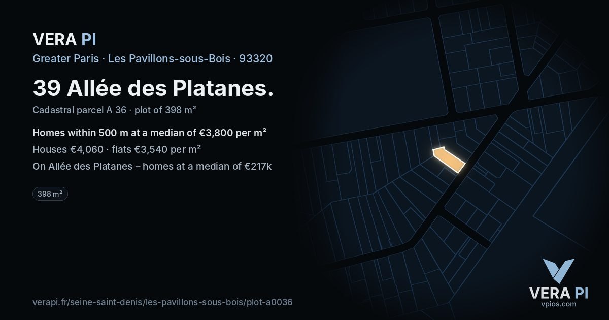 39 Allée des Platanes, Les Pavillons-sous-Bois at night – the plot lit, the parcels around coloured by the prices near them