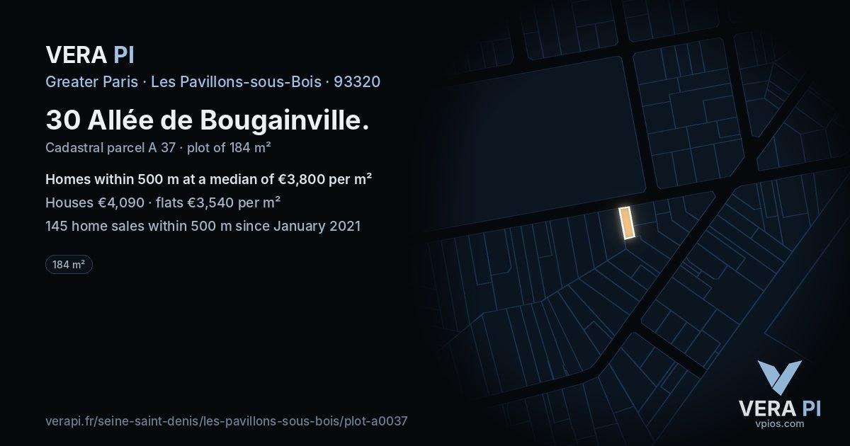 30 Allée de Bougainville, Les Pavillons-sous-Bois at night – the plot lit, the parcels around coloured by the prices near them