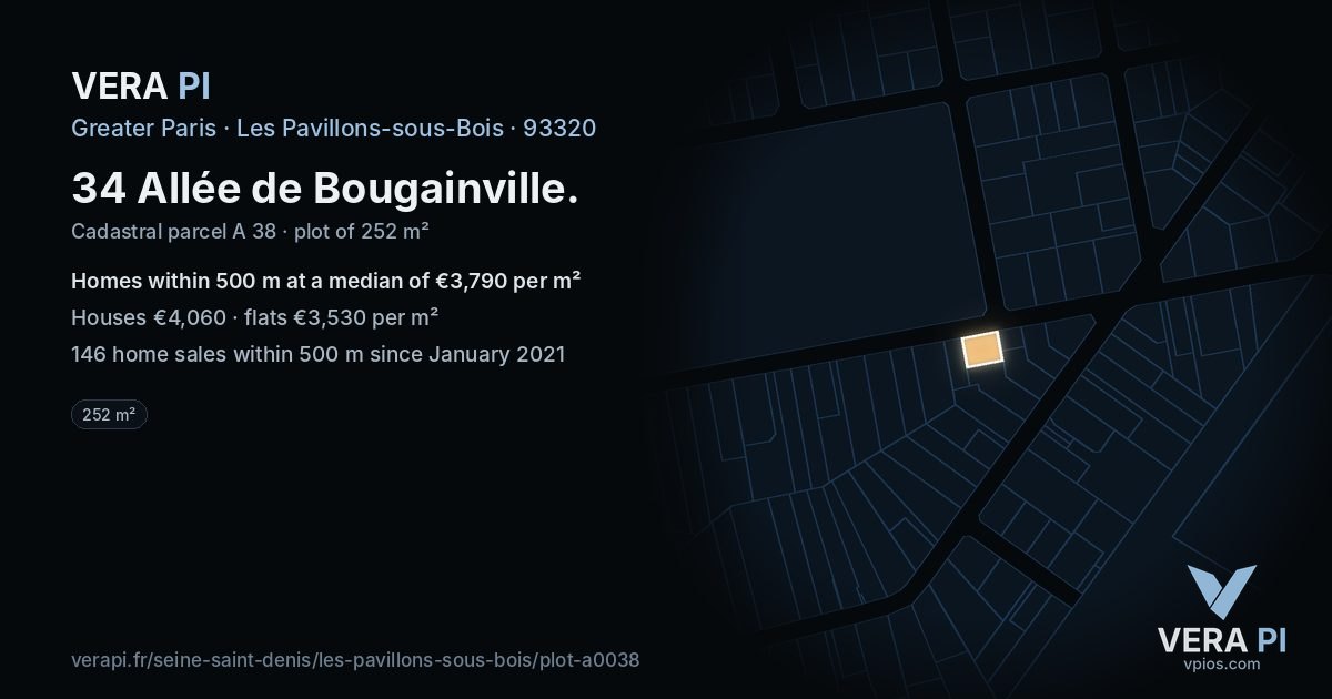 34 Allée de Bougainville, Les Pavillons-sous-Bois at night – the plot lit, the parcels around coloured by the prices near them