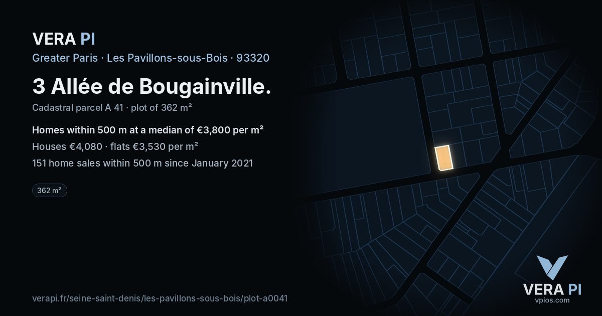3 Allée de Bougainville, Les Pavillons-sous-Bois at night – the plot lit, the parcels around coloured by the prices near them