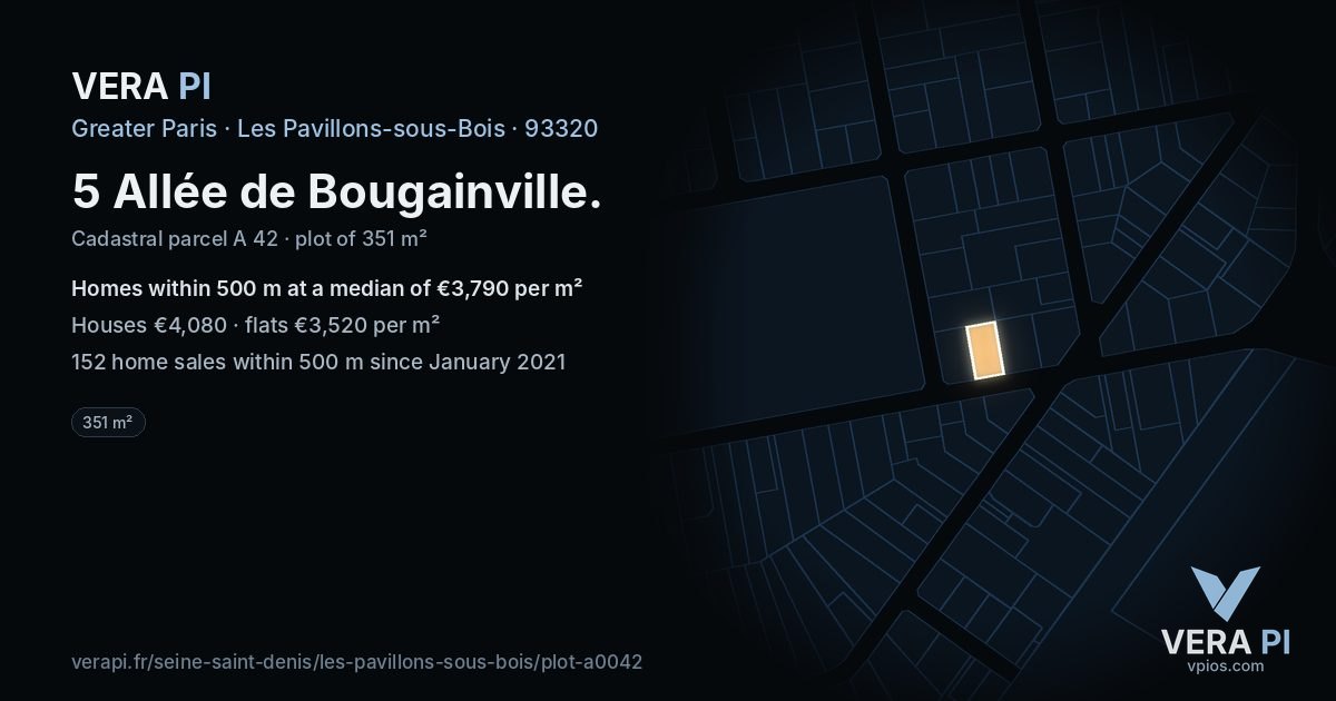 5 Allée de Bougainville, Les Pavillons-sous-Bois at night – the plot lit, the parcels around coloured by the prices near them