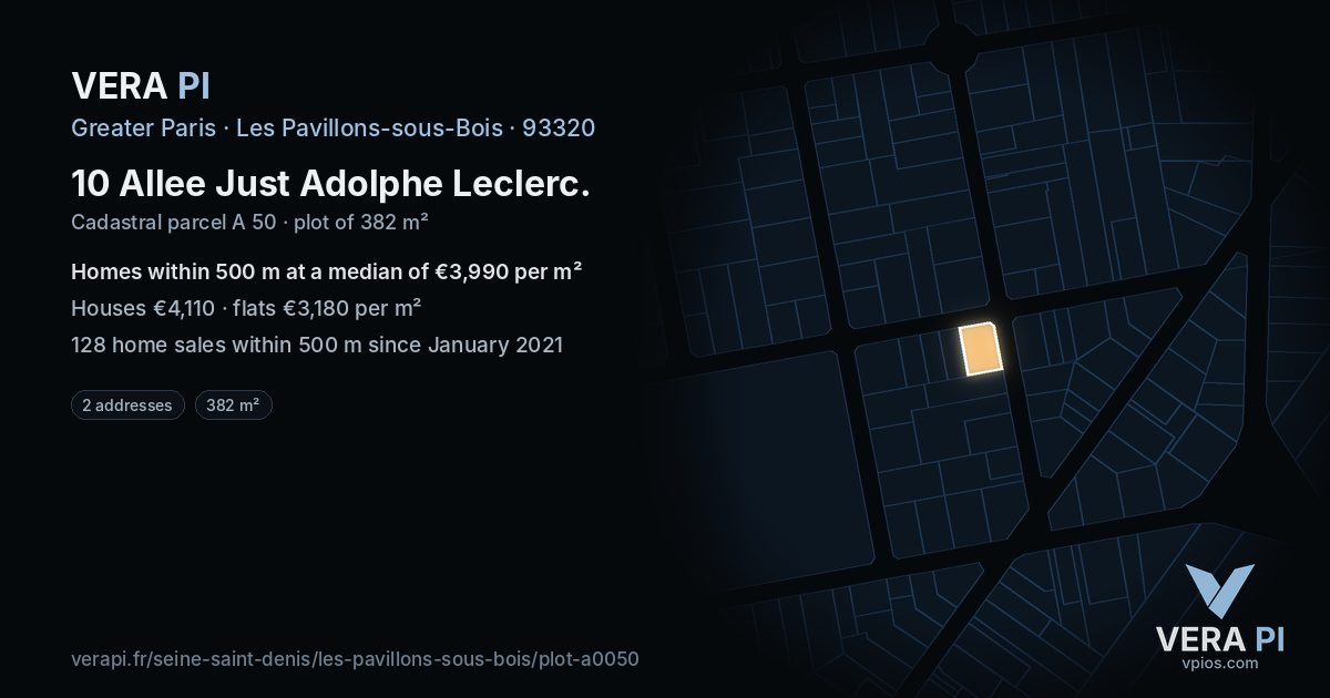 10 Allee Just Adolphe Leclerc, Les Pavillons-sous-Bois at night – the plot lit, the parcels around coloured by the prices near them