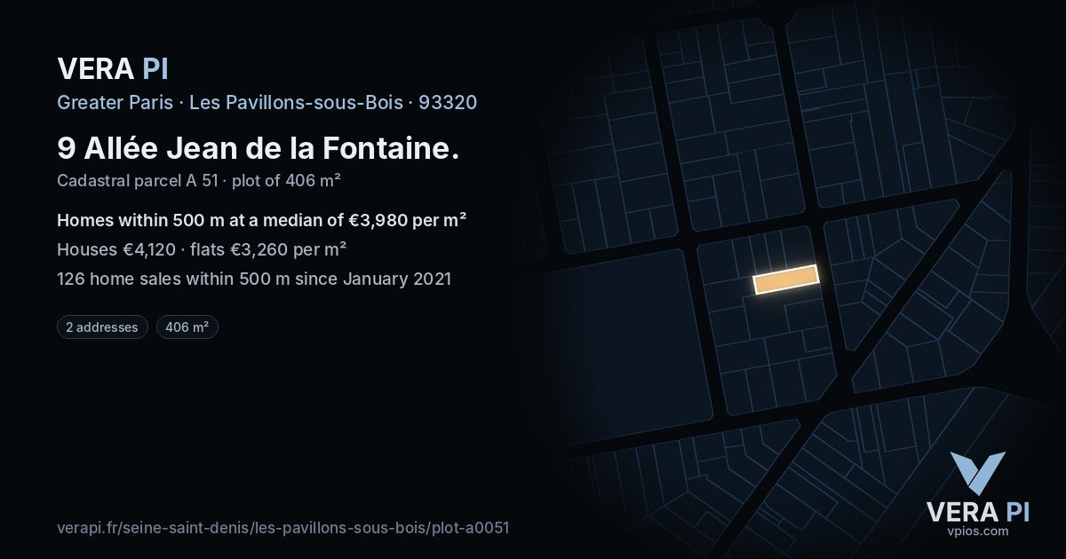 9 Allée Jean de la Fontaine, Les Pavillons-sous-Bois at night – the plot lit, the parcels around coloured by the prices near them