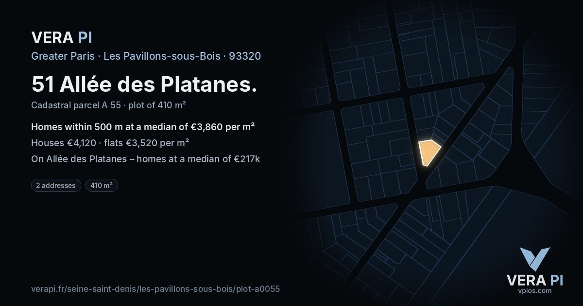 51 Allée des Platanes, Les Pavillons-sous-Bois at night – the plot lit, the parcels around coloured by the prices near them