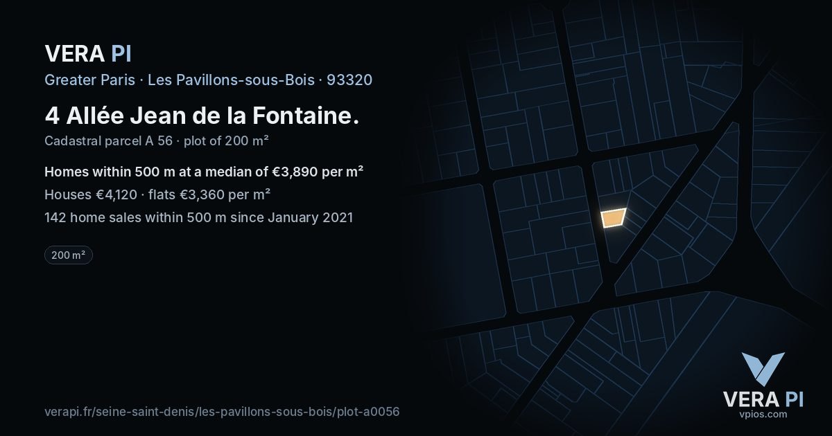 4 Allée Jean de la Fontaine, Les Pavillons-sous-Bois at night – the plot lit, the parcels around coloured by the prices near them