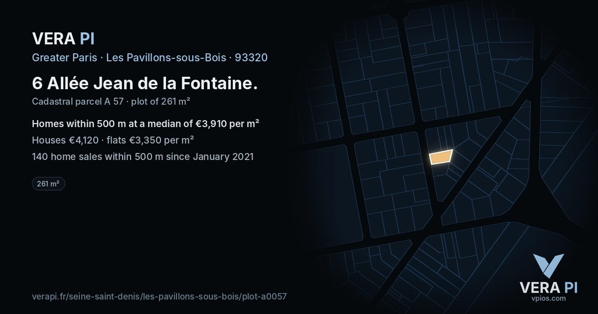 6 Allée Jean de la Fontaine, Les Pavillons-sous-Bois at night – the plot lit, the parcels around coloured by the prices near them