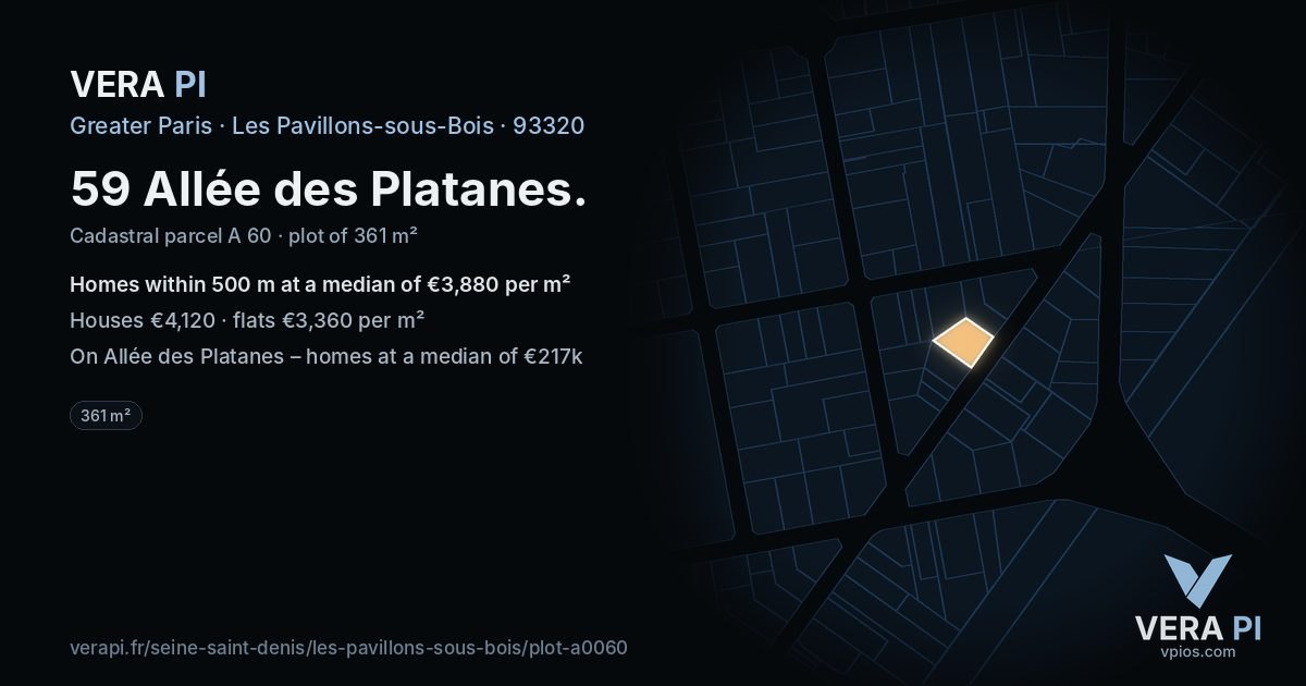59 Allée des Platanes, Les Pavillons-sous-Bois at night – the plot lit, the parcels around coloured by the prices near them