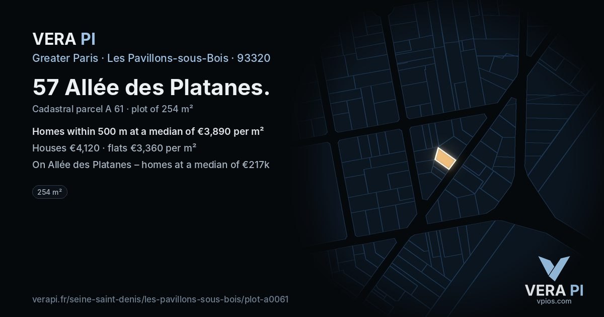 57 Allée des Platanes, Les Pavillons-sous-Bois at night – the plot lit, the parcels around coloured by the prices near them