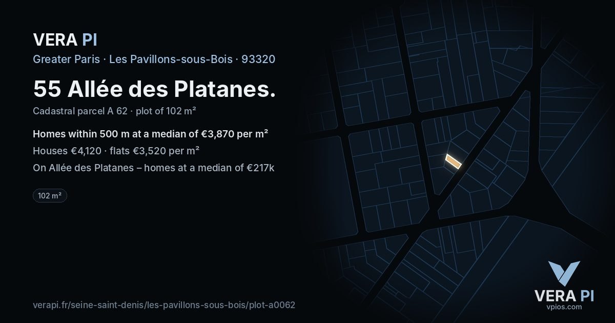 55 Allée des Platanes, Les Pavillons-sous-Bois at night – the plot lit, the parcels around coloured by the prices near them