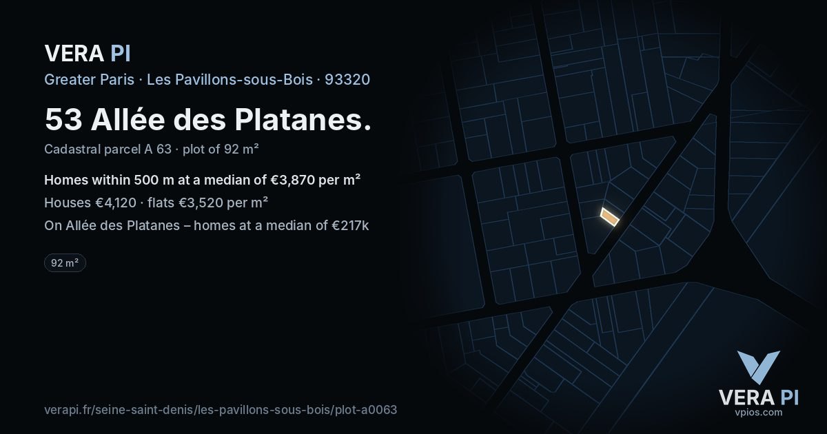 53 Allée des Platanes, Les Pavillons-sous-Bois at night – the plot lit, the parcels around coloured by the prices near them