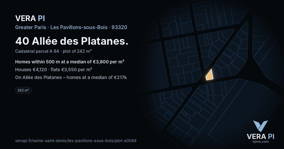 40 Allée des Platanes, Les Pavillons-sous-Bois at night – the plot lit, the parcels around coloured by the prices near them