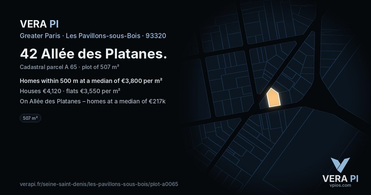 42 Allée des Platanes, Les Pavillons-sous-Bois at night – the plot lit, the parcels around coloured by the prices near them