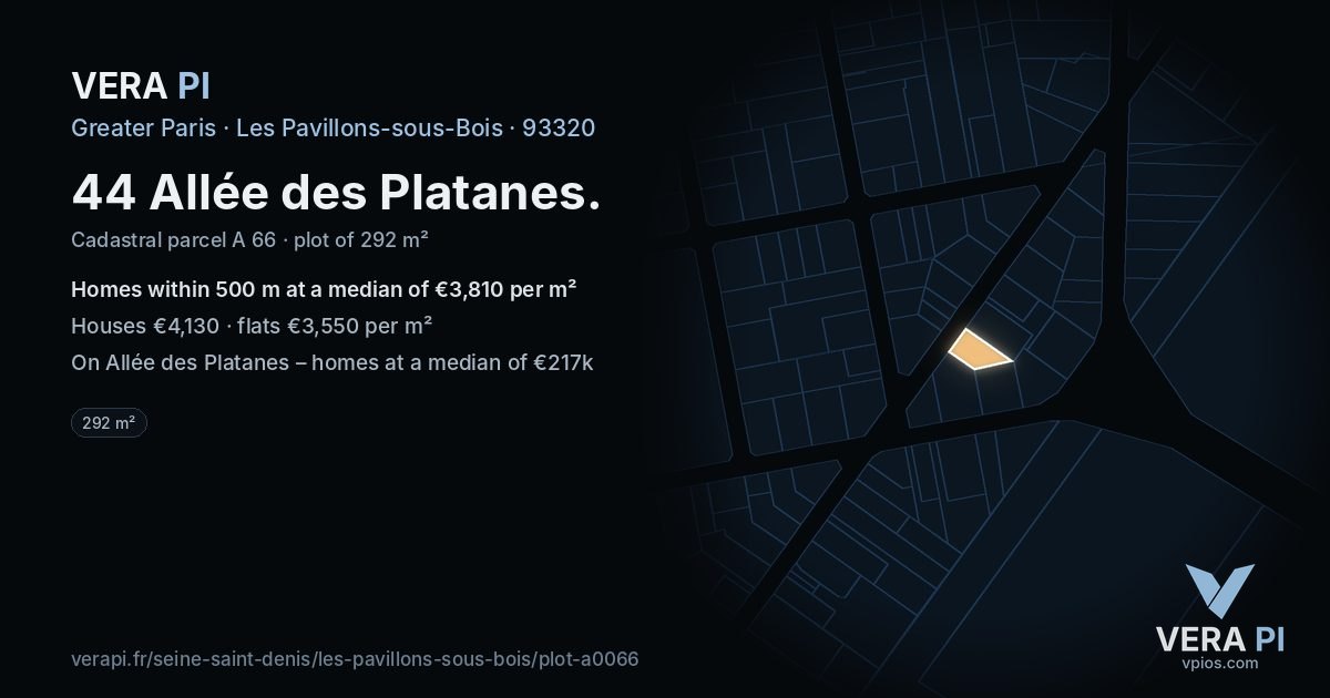 44 Allée des Platanes, Les Pavillons-sous-Bois at night – the plot lit, the parcels around coloured by the prices near them