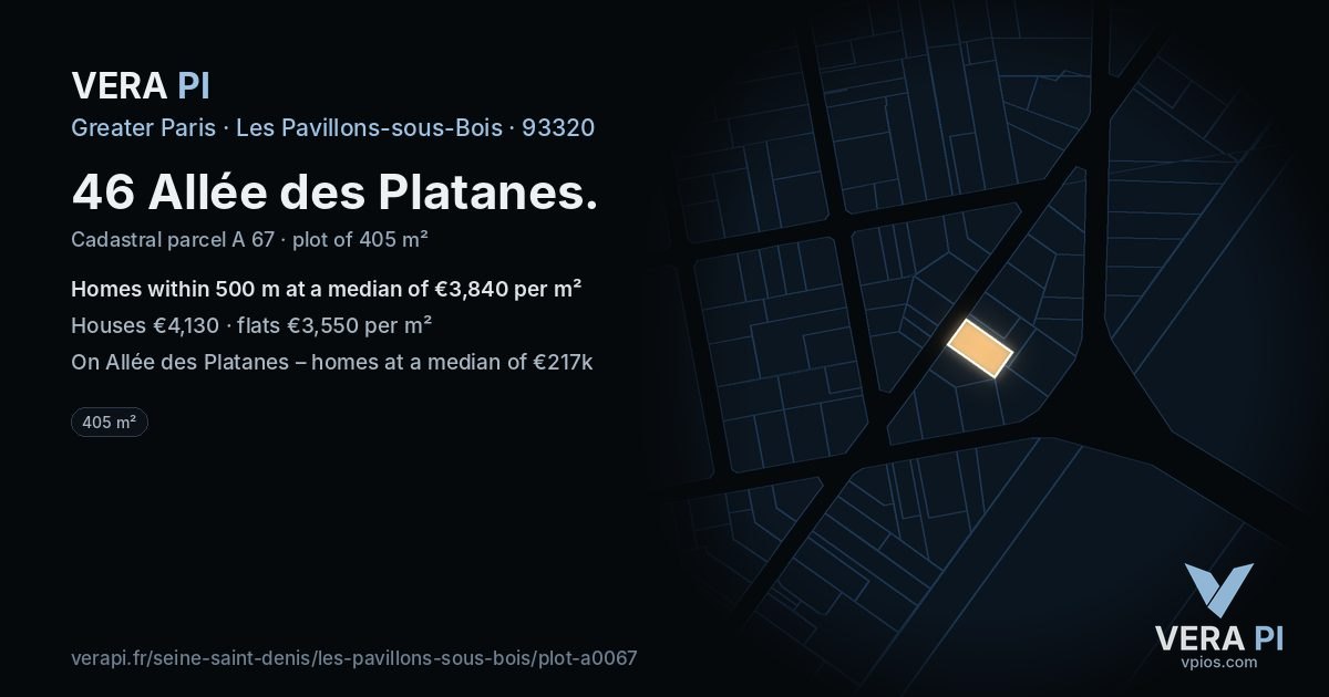 46 Allée des Platanes, Les Pavillons-sous-Bois at night – the plot lit, the parcels around coloured by the prices near them