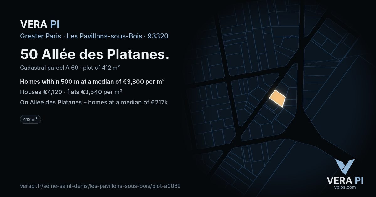 50 Allée des Platanes, Les Pavillons-sous-Bois at night – the plot lit, the parcels around coloured by the prices near them