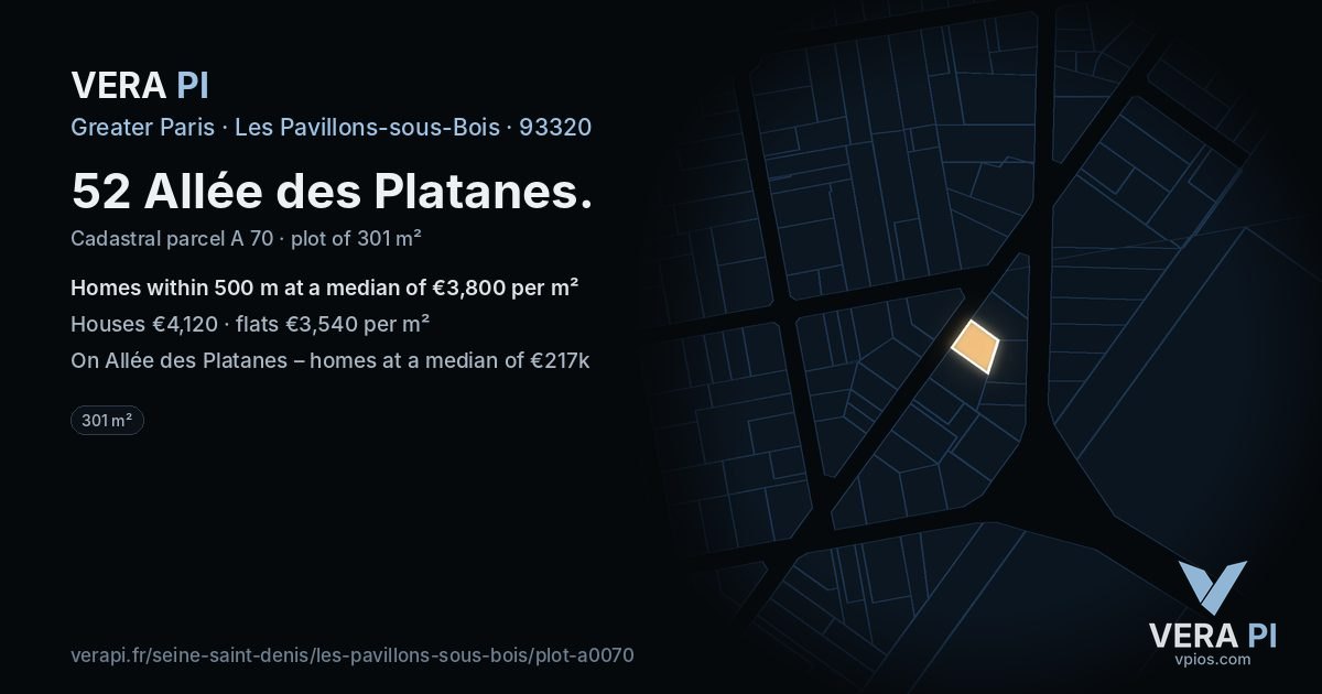 52 Allée des Platanes, Les Pavillons-sous-Bois at night – the plot lit, the parcels around coloured by the prices near them
