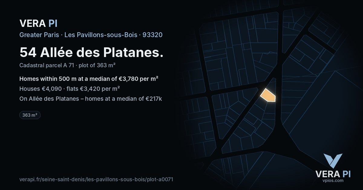 54 Allée des Platanes, Les Pavillons-sous-Bois at night – the plot lit, the parcels around coloured by the prices near them