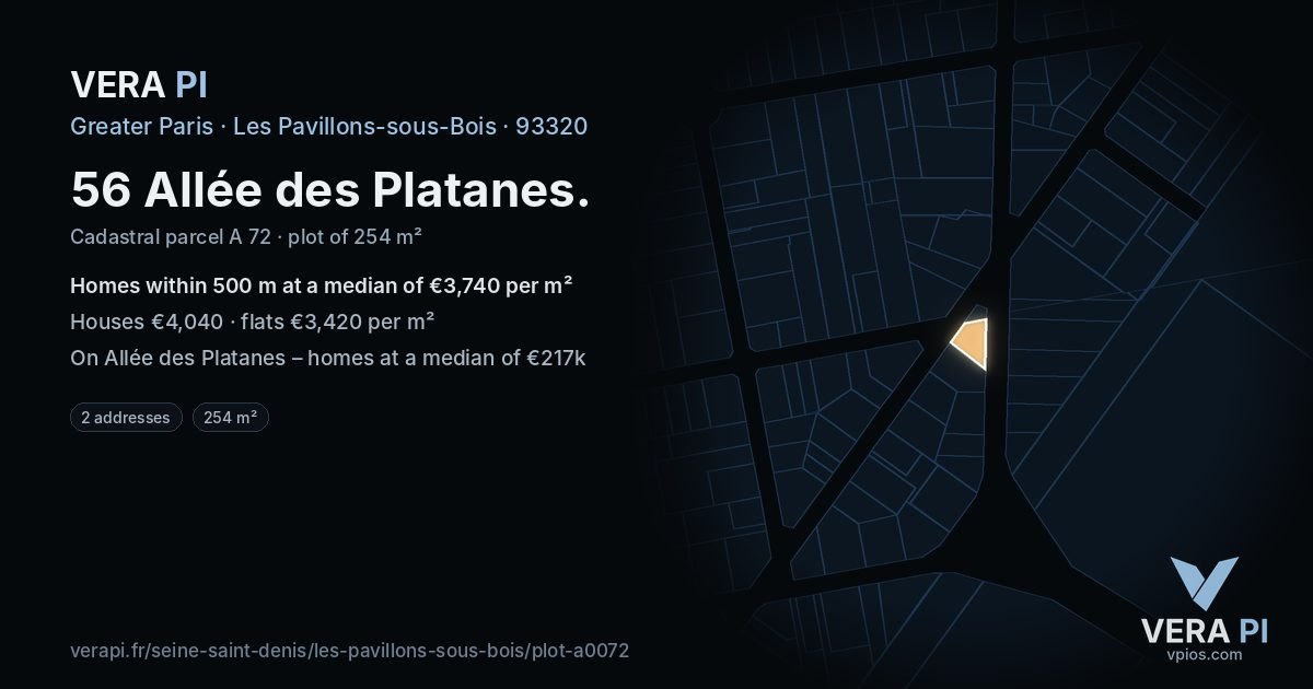 56 Allée des Platanes, Les Pavillons-sous-Bois at night – the plot lit, the parcels around coloured by the prices near them